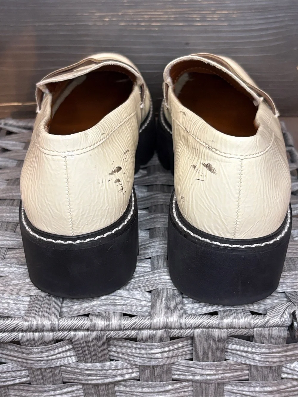 Franco Sarto Cream Patent Leather Lug Sole Penny Loafers
